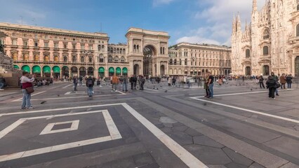 Wall Mural - Panorama showing horse statue with Milan Cathedral and historic buildings timelapse. Duomo di Milano is the cathedral church located at the Piazza del Duomo square in Milan city in Italy