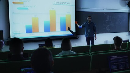 Poster - Young University Professor Explaining the Importance of Branding and Marketing Campaigns to a Group of Diverse Multiethnic Students in a Dark Auditorium. Teacher Showing Comparison Charts and Data