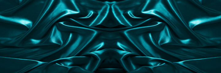 Banner, abstract background of emerald silk fabric.