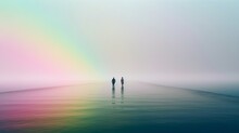 Two People Walking On The Water In Front Of A Fog, In The Style Of Soft Colours Minimalism, There Is A Huge Cheshire Cat In The Sky, Rainbow In The Sky, Generative AI