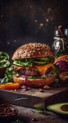 Chickpeas burger with onion, tomatoes, salad and sause on wooden background. Healthy vegan burger. AI generated