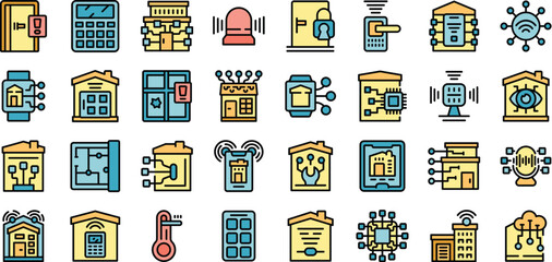 Poster - Smart home installation icons set outline vector. Internet system. Home touch thin line color on white