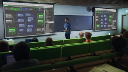 Poster - Young Male Teacher Giving a Web Development Masterclass to Diverse Multiethnic Group of Female and Male Students in a Modern College Room. Projecting Slideshow with Initial Programming Project Plan