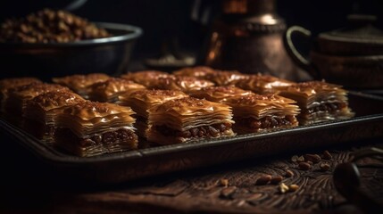 Wall Mural - Pistachio baklava on Dark background. Traditional Middle Eastern Flavors pastry. Traditional Turkish baklava. AI generated