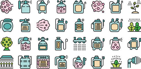 Poster - Pesticide sprayer icons set outline vector. Garden pressure. Farm lawn thin line color on white