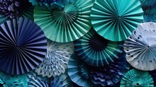 A Set Of Paper Fans With Different Shades Of Blue, Green, And Purple Creating An Ombre Effect. Generative AI