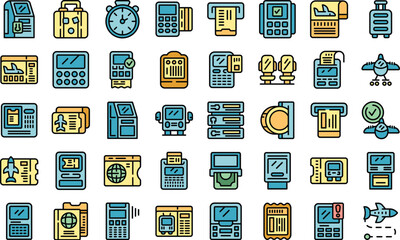 Poster - Ticket terminal icons set outline vector. City mobile. Security travel thin line color on white