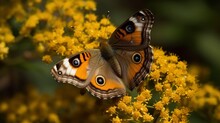 Common Buckeye Butterfly On A Goldenrod Plant. Generative AI
