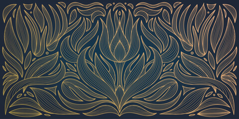 vector art nouveau, art deco wavy flower pattern, ornament. retro vintage floral motif, line golden 