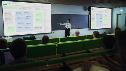 Poster - Young University Professor Explaining a Web Development Project to a Group of Diverse Multiethnic Students in a Modern Auditorium. Female Teacher Showing a Back-End Road-Map on Two Big Screens