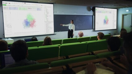 Poster - Smart Diverse Students Studying in University Room, Listening to a Young Female Professor Explaining Big Data and Artificial Intelligence Research Project. Computer Science Education Concept