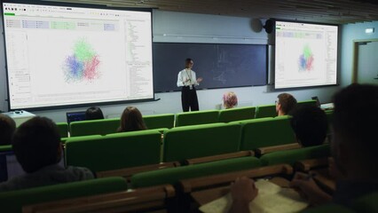 Poster - Smart Diverse Students Studying in University Room, Listening to a Young Female Professor Explaining Big Data and Artificial Intelligence Research Project. Computer Science Education Concept