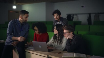 Poster - Group of Multiethnic Enthusiastic Students Comparing Research Findings in University Study Room. Young Doctorate Researcher Joining the Conversation with Colleagues