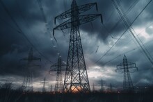 3D Rendering Of Transmission Tower And Power Lines Against Cloudy Sky Depicting High-voltage Electric Infrastructure. Generative AI