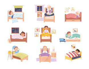 Canvas Print - Little Kids in Bed Sleeping and Getting Ready to Night Rest Vector Set