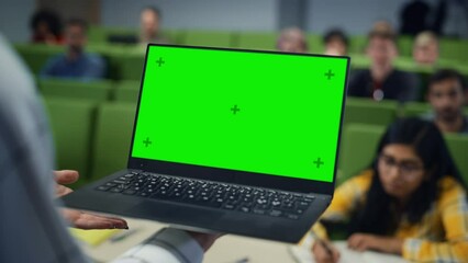 Poster - Close Up of an University Professor Using a Laptop Computer with a Green Screen Mock Up Display. Female Teacher Giving a Lecture to a Class of Talented Diverse Young Men and Women.