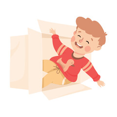 Poster - Little Boy Character Playing with Cardboard Box Laughing Out Loud Vector Illustration