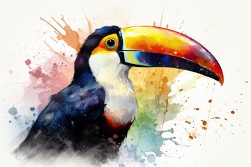 Beautiful toucan illustration, animal life concept, white background, painting style. Generative AI