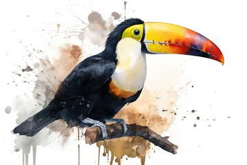 Beautiful toucan illustration, animal life concept, white background, painting style. Generative AI