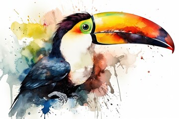 Beautiful toucan illustration, animal life concept, white background, painting style. Generative AI