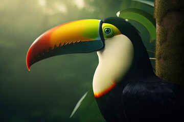 Beautiful toucan illustration, animal life concept, forest in background, bokeh background. Generative AI
