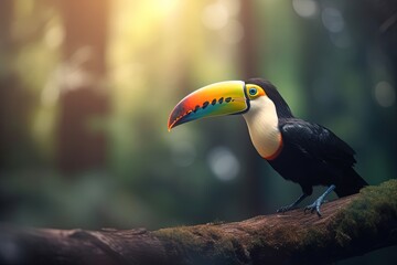 Beautiful toucan illustration, animal life concept, forest in background, bokeh background. Generative AI