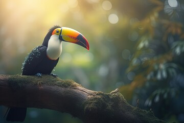 Beautiful toucan illustration, animal life concept, forest in background, bokeh background. Generative AI