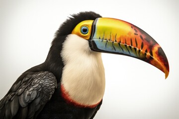 Beautiful toucan illustration, animal life concept, white background. Generative AI
