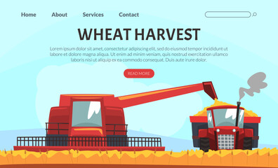 Sticker - Wheat and Grain Harvest Landing Page with Combine Working on Field Vector Template