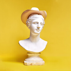 Antique statue bust wearing hat against yellow background. Travelling, fashion, retro classic style. Concept of creativity, modernity and vintage, antique art. Inspiration and imagination