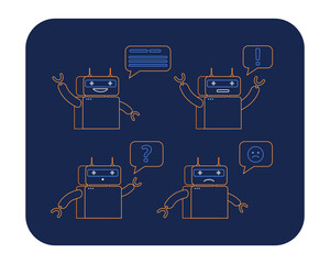 Aufkleber - Outline of cute chatbot character vector illustrations set. Drawings of chat robot with speech bubbles, sad and happy robotic character. Technology, artificial intelligence, Generative AI
