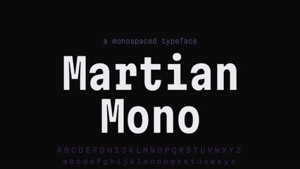 Martian Mono sport font, high alphabet, condensed bold letters for unique sportswear title and slim slender headline. Grotesk typography with acute angle spike serifs. Vector typeface.