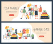 Flea market and garage sale web banners set, flat vector illustration.