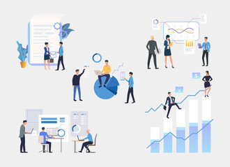 Poster - Business infographic process vector illustrations set. Office workers signing contract, making charts, presentations and diagrams, calculating data. Business, finance, infographic Generative AI