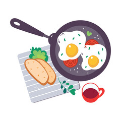 Poster - Scrambled Eggs with Tomato on Frying Pan as Tasty Breakfast or Brunch with Typical Food Top View Vector Illustration