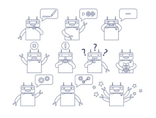 Poster - Cute chatbot outline vector illustrations set. Thin line icon of AI chat bubble robot for technology apps and websites on white background. Artificial intelligence, interface concept Generative AI