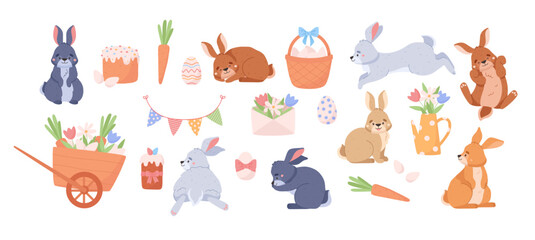 Traditional Easter elements set, cartoon flat vector illustration isolated on white background.