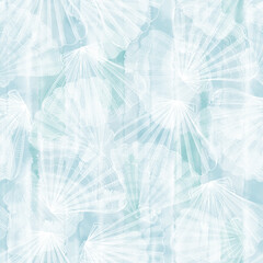 Wall Mural - Scallops. Seamless vector pattern on blue watercolor background. Perfect for wallpaper, wrapping, fabric and textile.