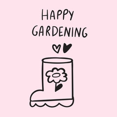 Wall Mural - Boot with flower. Happy gardening. Outline vector Illustration on pink background.