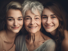 Family Portrait Of Senior Mother And Two Adult Daughters. AI Generative