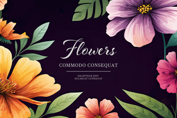summer watercolor banner with beautiful framed cosmos flowers