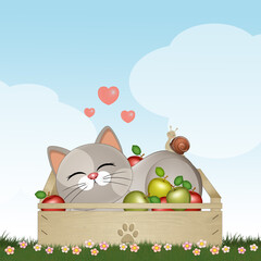 Poster - illustration of the cat sleeps in the fruit box