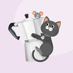 Sticker - illustration of cat with the coffee machine