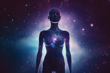 Wall Mural - State of mind, meditation, esoteric and spiritual life. Woman dark silhouette in space background. Afterlife and connection with other worlds. Generative AI
