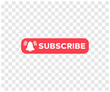 Red button subscribe of channel on transparent background. Subscribe to video channel, blog and newsletter. Red button with bell for subscription vector design and illustration.
