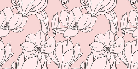 Magnolia flowers in bloom seamless pattern. Hand drawn realistic detailed vector illustration. Pink horizontal background.