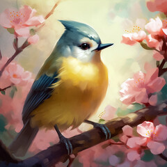 Wall Mural - Titmouse on a branch of blooming sakura. Oil painting style. Generative AI