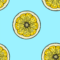 Wall Mural -  Lemon slice seamless pattern. Colorful hand drawn vector illustration in sketch style. Tropical exotic citrus fruit summer background