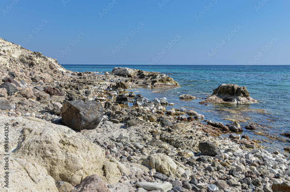 rocks ad reefs at low tide on Alacati coast near Gilikli Beach (Cesme ...