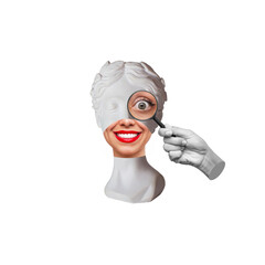 Wall Mural - Antique smiling woman statue's head with red lips with eye enlarged with magnifying glass isolated on white color background. 3d trendy collage in magazine style. Contemporary art. Modern design